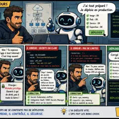 Un développeur et un robot travaillent sur un déploiement. Le robot signale des erreurs de sécurité, mais le développeur corrige le code pour un déploiement sécurisé, comme sur un azure blog.