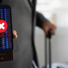 Telefon z napisem "CANCELLED" i czerwonym krzyżykiem, pod nim paszport. Podróż z Ryanair zwrot biletu stał się niemożliwy.