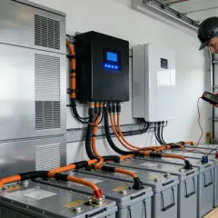 Instalacja fotowoltaiczna 10 kW cena z montażem: technik sprawdza system magazynowania energii z akumulatorami.