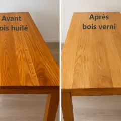 Comparaison d'un bois huilé à gauche et d'un bois verni à droite. La question "peut on vernir après huile de lin" trouve ici une réponse visuelle.