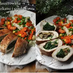 Piers faszerowana pieczarkami i szpinakiem, podana z kolorowymi warzywami.