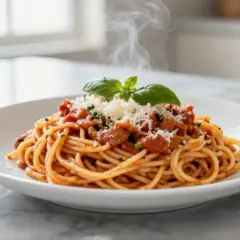 Un plat fumant de spaghetti bolognaise, garni de basilic frais et de parmesan râpé, prêt à être dégusté.