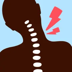 Silhouette d'une personne avec une colonne vertébrale visible, souffrant d'un torticolis sévère marqué par des éclairs rouges.