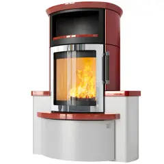 Moderner Kaminofen mit rotem Granit und Sichtfenster, der den HARK ECO PLUS ohne Filter betreiben lässt.