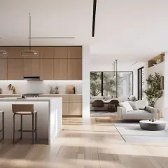 Cuisine moderne et salon lumineux avec mobilier design. Pensez au mobilier déductible frais notaire pour votre futur achat.