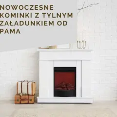 Nowoczesne kominki z tylnym załadunkiem od PAMA. Biały, elegancki kominek z atrapą płomieni, obok szara kanapa i stylowe walizki.