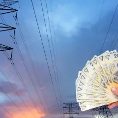 Dłoń trzyma banknoty 200 zł na tle linii energetycznych. Zastanawiasz się, ile kosztuje 1 kWh PGE?