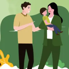 Familie im Gespräch über ADHS. Ist ADHS vererbbar? Die Eltern und ihr Kind stehen im Grünen.