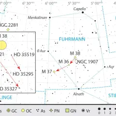 Gwiazdozbiór Woźnica z zaznaczonymi gromadami otwartymi M 36, M 37, M 38 i mgławicą NGC 1907.