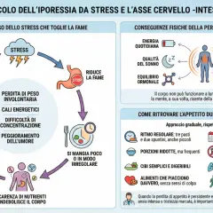 Il diagramma illustra le conseguenze dello stress prolungato sull'appetito, portando a perdita di peso, cali energetici e peggioramento dell'umore.