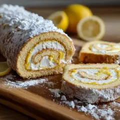 A lemon swiss roll cake dusted with powdered sugar, sliced, with lemons in the background.