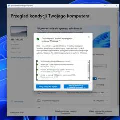 Komputer spełnia **windows 11 wymagania**. Sprawdzono TPM 2.0, procesor Intel i 64 GB RAM.