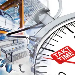 Linia produkcyjna z robotami i samochodem w tle, na pierwszym planie stoper z napisem "TAKT TIME", symbolizujący rytm produkcji.
