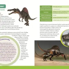 Ilustrowany atlas świata dinozaurów: Spinozaur, największy drapieżnik lądowy, z charakterystycznym żaglem na grzbiecie, przemierza brzeg wodny.