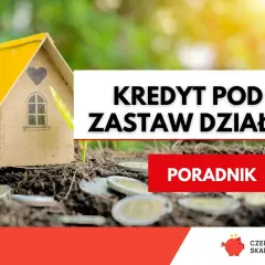 Kredyt pod zastaw działki: mały domek z kartonu, monety w ziemi i tekst "Poradnik".