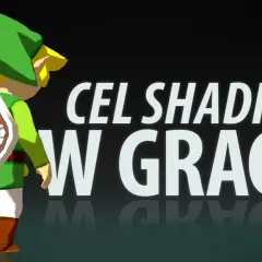 Link w zielonej czapce i z tarczą, styl cel shading. Napis "CEL SHADING W GRACCH" na ciemnym tle.