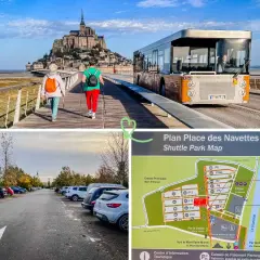 Parking gratuit camping-car Mont Saint-Michel : navette, plan du site et vue sur le Mont.