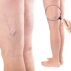 Widoczne zylaki na nodze, ukazane zbliżenie pod lupą.