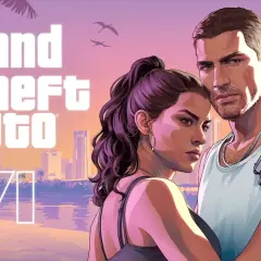 Das Cover von Rockstar Games GTA 6 zeigt ein Paar am Strand vor einer Stadtkulisse bei Sonnenuntergang.