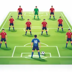 Ilustracja przedstawia formację piłkarską 4-3-3. Zawodnicy ustawieni na boisku, gotowi do gry.