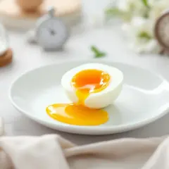 Un œuf mi cuit, coupé en deux, dévoile un jaune coulant sur une assiette blanche. Le temps est suspendu, comme l'indiquent les sabliers et réveils en arrière-plan.