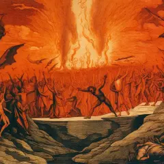 Menschen schreien und strecken die Arme gen Himmel, umgeben von Flammen und Felsen. Ein wahrer ort der verdammnis.