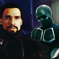 Un homme barbu regarde vers l'avant, tandis que Black Noir, qui a joué ce rôle, se tient derrière lui dans l'ombre.