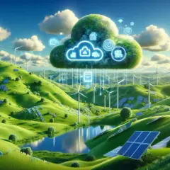 Un paysage verdoyant parsemé d'éoliennes et de panneaux solaires, dominé par un nuage vert symbolisant l'énergie propre et la technologie.