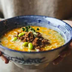 Aksamitna zupa porowa z mięsem mielonym, edamame i kiełkami. Idealna na chłodne dni.