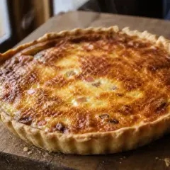 Une belle quiche lorraine dorée, prête à être dégustée. La vraie recette quiche lorraine, simple et savoureuse.