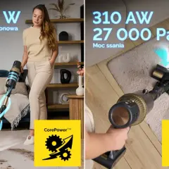 Kobieta sprząta dywan odkurzaczem bezprzewodowym. Widoczna imponująca moc ssania odkurzacza, która poradzi sobie z każdym brudem.