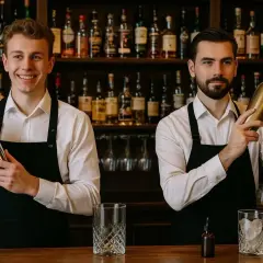 Dwóch barmanów w fartuchach przygotowuje drinki. Zastanawiasz się, ile zarabia barman na weselu?