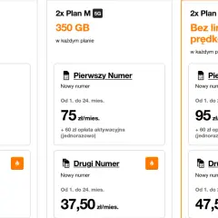 Orange oferuje plany komórkowe: 2x Plan S (100 GB), 2x Plan M (350 GB) i 2x Plan L (bez limitów). Umowa na czas nieokreślony.