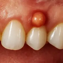 Bolsa periodontal con pus, una protuberancia rojiza en la encía cerca de los dientes.