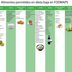 Lista de alimentos permitidos en dieta baja en FODMAPS: verduras, frutas, lácteos, frutos secos, legumbres, cereales, bebidas, carnes, pescados, huevos, aceites y otros.