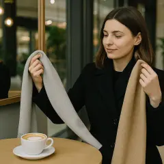 Kobieta w czarnym płaszczu wybiera idealny szalik do czarnego płaszcza, trzymając dwa odcienie.