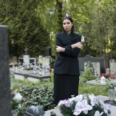 Smutna kobieta w czerni stoi na cmentarzu, otoczona nagrobkami. Jej postawa sugeruje częste chodzenie na cmentarz i głębokie przeżywanie żałoby.