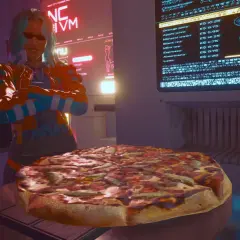 Cyberpunkowa dziewczyna z niebieskimi włosami i neonową kurtką, obok niej wielka pizza. Idealna na pizza party w stylu cyberpunk.