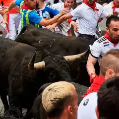 Hombres corren junto a toros negros de ganadería Guadaira.