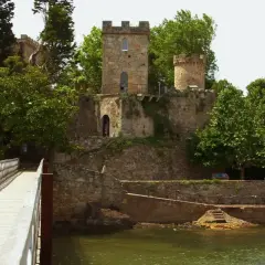 Un puente de madera conduce al histórico castillo de Santa Cruz, rodeado de exuberante vegetación y con vistas al mar.