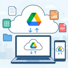 Chmura Google synchronizuje pliki między laptopem a telefonem. Ikony dokumentów, arkuszy i PDF unoszą się wokół.