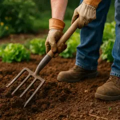 Gärtner lockert mit einer Grabegabel den Boden auf, um Salatpflanzen Platz zu machen.