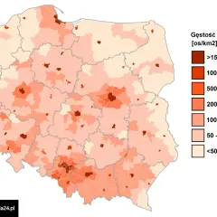 Mapa Polski z zaznaczoną gęstością zaludnienia. Najwięcej osób mieszka w okolicach dużych miast, tworząc gęste skupiska.
