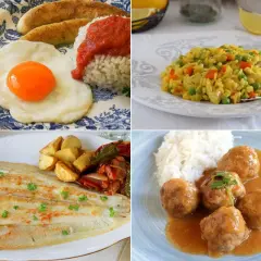 Cuatro platos deliciosos: huevo frito con arroz y plátano, arroz con pollo y verduras, pescado a la plancha con patatas y pimientos, y albóndigas con arroz. ¡Ideas geniales para recetas para niños!