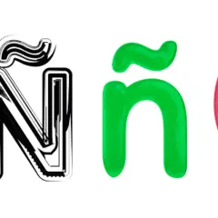 Letras con ñ: una N estilizada en blanco y negro, una ñ verde brillante y un arcoíris de colores.