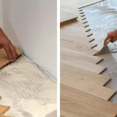 Pose de carrelage imitation parquet. Un artisan applique la colle pour un nouveau sol en bois.