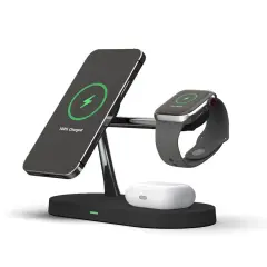 Ładowarka indukcyjna z iPhonem, zegarkiem Apple Watch i etui AirPods.