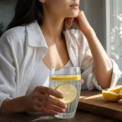 Donna con bicchiere di acqua e limone, un gesto di benessere. Limoni freschi sul tagliere.
