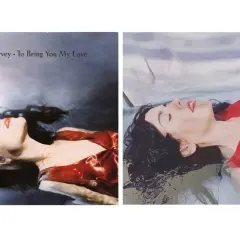 Portada album musica: PJ Harvey "To Bring You My Love", una mujer con cabello oscuro y vestido rojo flota en agua.