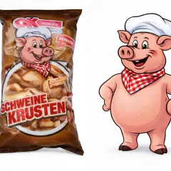 Chrupiące skórki wieprzowe, gdzie kupić? Opakowanie z wesołą świnką w czapce kucharskiej.
